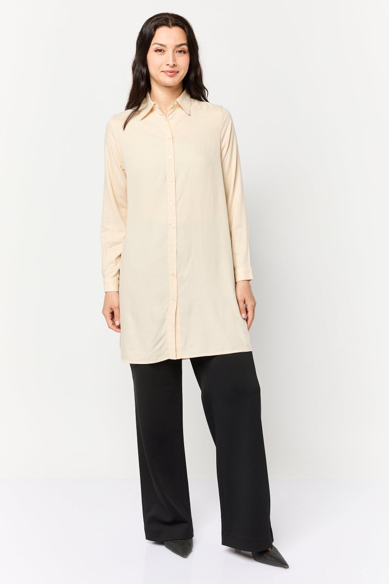 Kathy Ireland Women Spread Collar Long Sleeve Plain Blouse, Beige  - Image 2