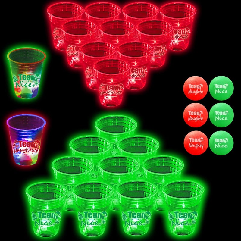 YHFUISK 22Pcs Christmas Glowing Pong Set Party Game Light Up Pong Cups for Christmas Party with 6 Christmas Theme Balls Christmas House Parties HolidaysRedGreenFlashing - Image 2