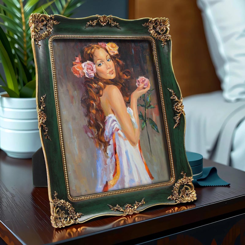 YEPOTUE Vintage Picture Frame 8x10 Inch, Ornate Photo Frame for Wall or Tabletop Display, Antique Picture Frame with Real Glass & Hook for Home Decor - Mother's Day Birthday Gift (Green) - Image 2