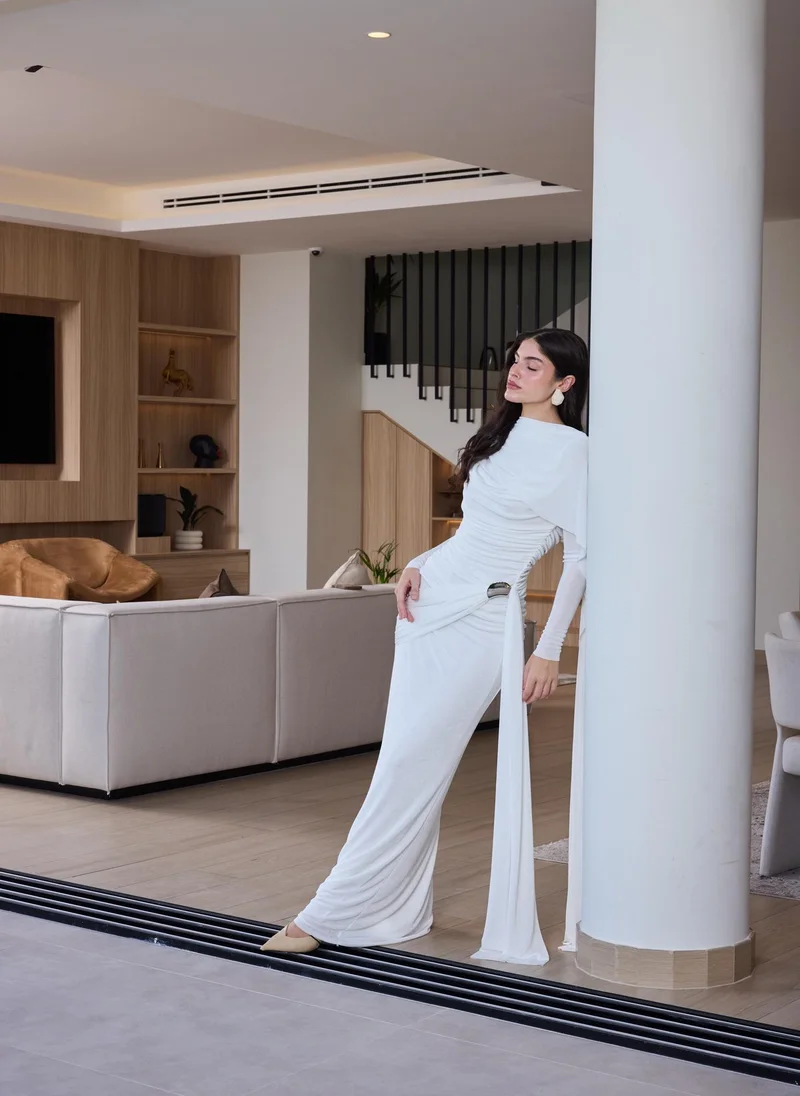 Ashita Fernandes Ruched Draped Column Dress – Dove White