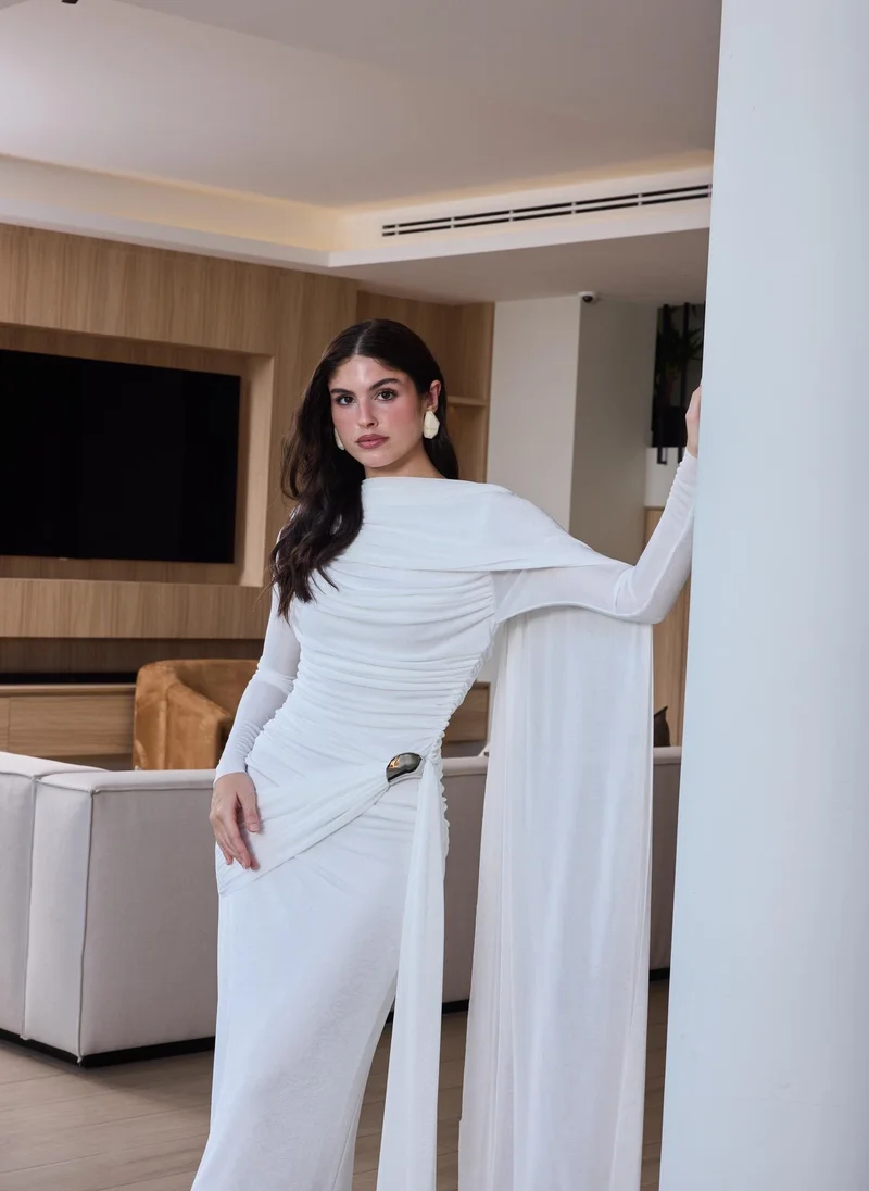 Ashita Fernandes Ruched Mesh Draped Maxi Dress with Brooch Detail