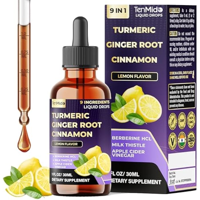 Tenmido 9in1 Liquid Turmeric Curcumin Supplement with Ginger, Ceylon Cinnamon, Berberine HCl, Milk Thistle, Apple Cider Vinegar, Rosemary, Holy Basil & Black Pepper - 30ml 1Fl Oz - Image 1