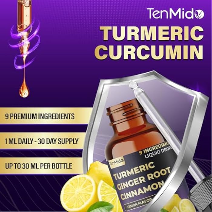 Tenmido 9in1 Liquid Turmeric Curcumin Supplement with Ginger, Ceylon Cinnamon, Berberine HCl, Milk Thistle, Apple Cider Vinegar, Rosemary, Holy Basil & Black Pepper - 30ml 1Fl Oz - Image 2