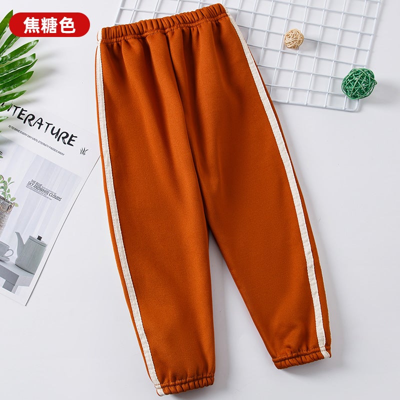 Children'S Solid Color Casual Pants Boys And Girls Fleece-Lined Sports Pants Thickened Brushed Medium And Large Children'S Trousers - Image 1