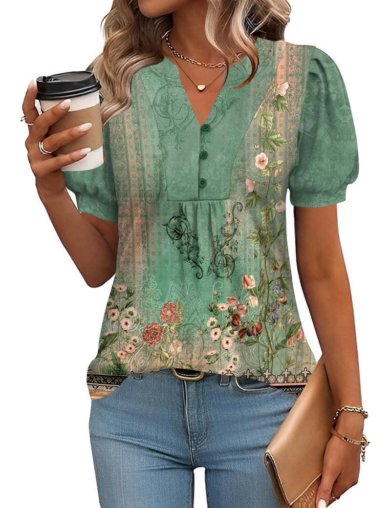 IECCP Puff Short Sleeve Shirts for Women V Neck Button Up Tunic Tops to Wear with Leggings Summer Fashion Trendy 2025 (Green Floral,XL) - Image 1