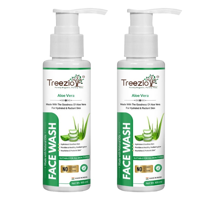 Treezio Aloe Vera Face Wash Nourishing Cleanser for Healthy Skin Hyderates Soothes Skin No Paraben No Silicones For Men Women Pack of 2 100 ml Each - Image 1