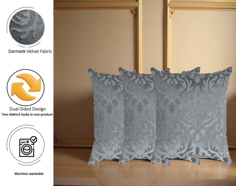 STARNSTYLE Velvet Decorative Cushion Cover 24x24 Inch - Set of 3, Soft Solid Damask Square Throw Pillow Covers for Sofa, Living Room or Home Decor - 60x60 cm Grey - Image 2
