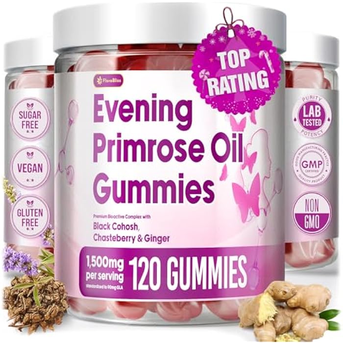 FloraBliss 120 Evening Primrose Oil Gummies | 1500mg | with Black Cohosh, Chasteberry, Ginger Extract for Daily Women's Wellness Support | Vegan, Non-GMO, Sugar-Free - Image 1