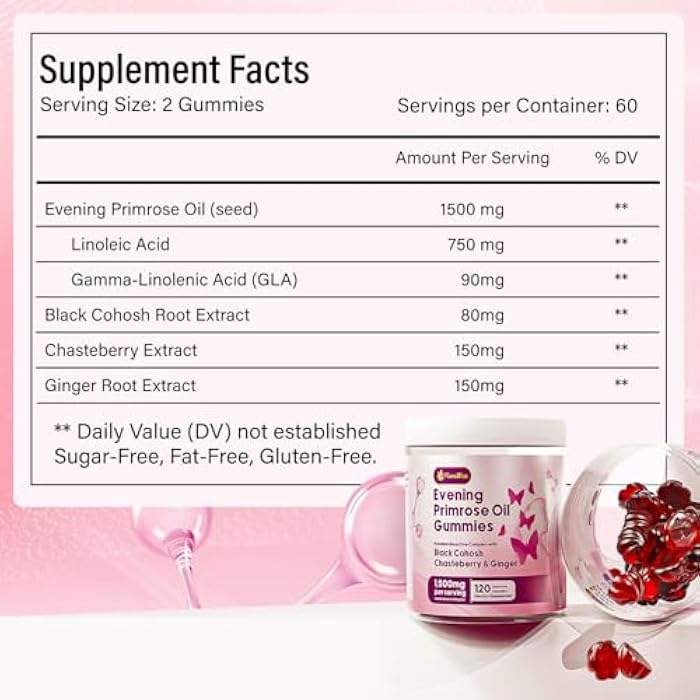 FloraBliss 120 Evening Primrose Oil Gummies | 1500mg | with Black Cohosh, Chasteberry, Ginger Extract for Daily Women's Wellness Support | Vegan, Non-GMO, Sugar-Free - Image 5
