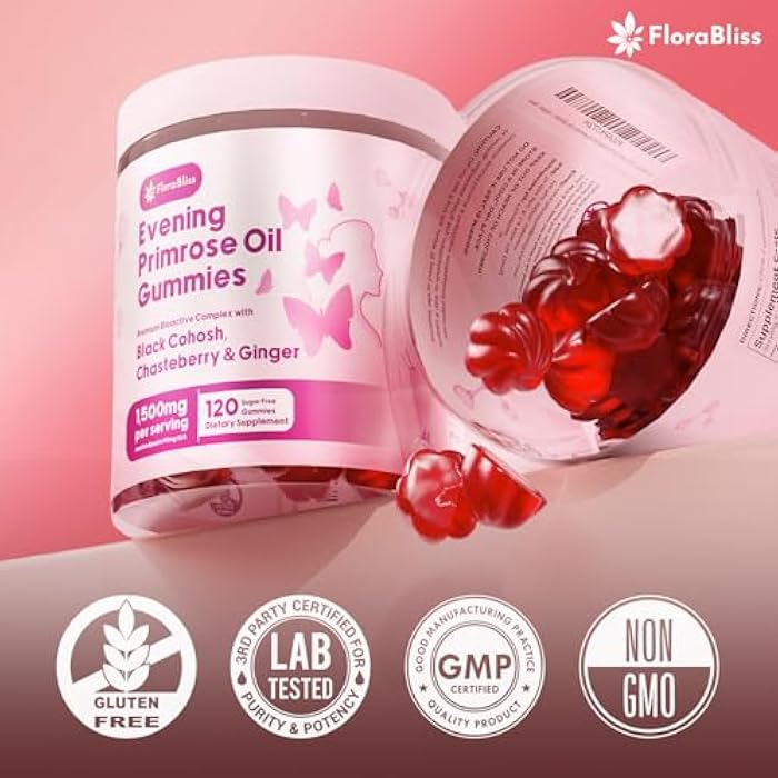 FloraBliss 120 Evening Primrose Oil Gummies | 1500mg | with Black Cohosh, Chasteberry, Ginger Extract for Daily Women's Wellness Support | Vegan, Non-GMO, Sugar-Free - Image 4