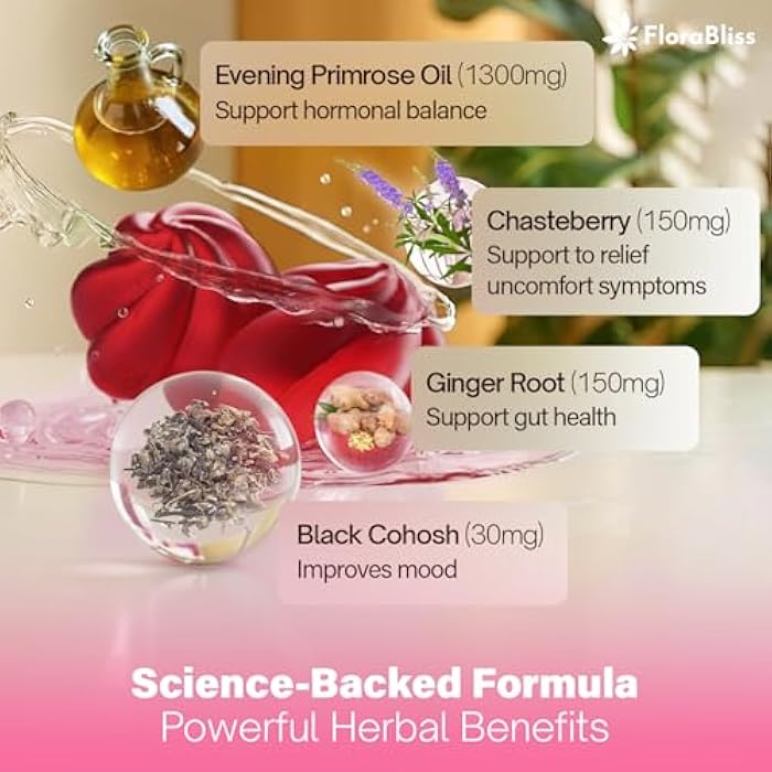 FloraBliss 120 Evening Primrose Oil Gummies | 1500mg | with Black Cohosh, Chasteberry, Ginger Extract for Daily Women's Wellness Support | Vegan, Non-GMO, Sugar-Free - Image 3