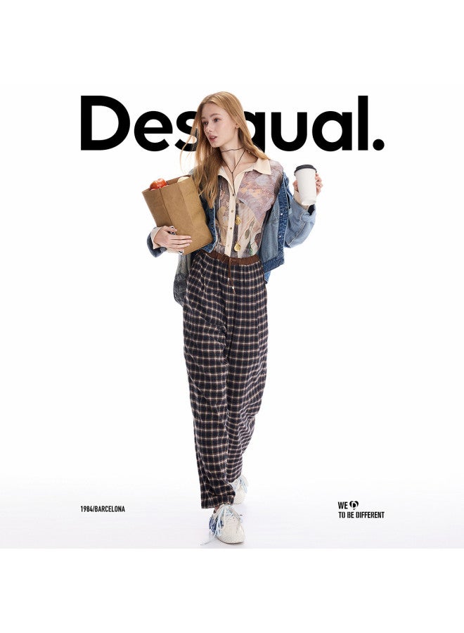 DESIGUAL [موضة إسبانية فاخرة] 25 وصول جديد خريف/شتاء بنطلون نسائي طويل غير محكم بقصة فضفاضة بتصميم مربعات ملونة - Image 3