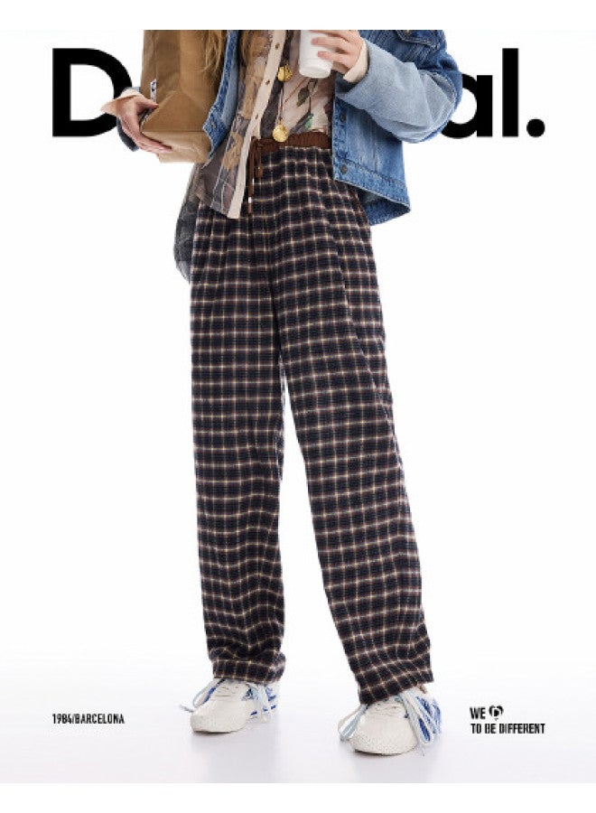 DESIGUAL [موضة إسبانية فاخرة] 25 وصول جديد خريف/شتاء بنطلون نسائي طويل غير محكم بقصة فضفاضة بتصميم مربعات ملونة - Image 1