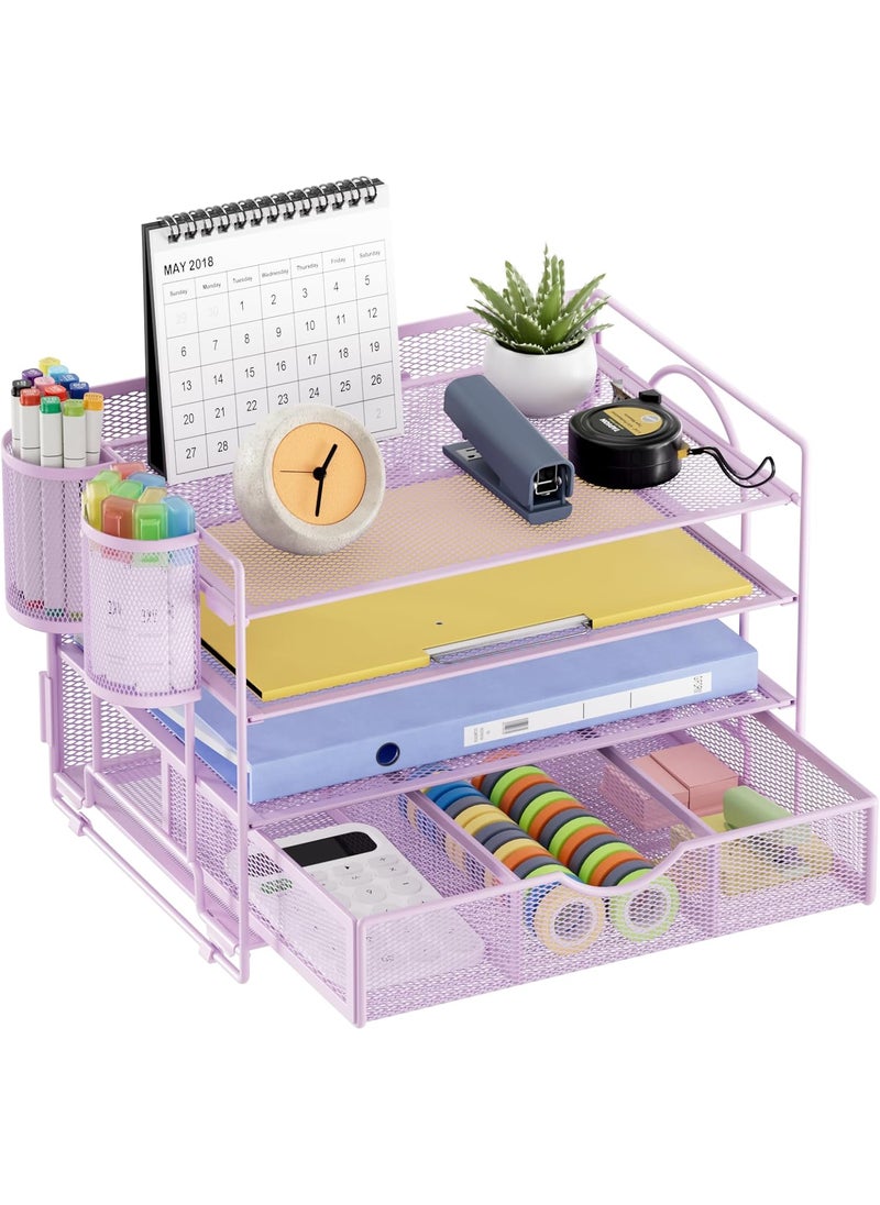 Marbrasse Marbrasse 4Trays Desk File Organizer with 2 Pen Holder Desktop Hanging File Holder with Drawer Paper Letter Tray Organizer Purple  - Image 1