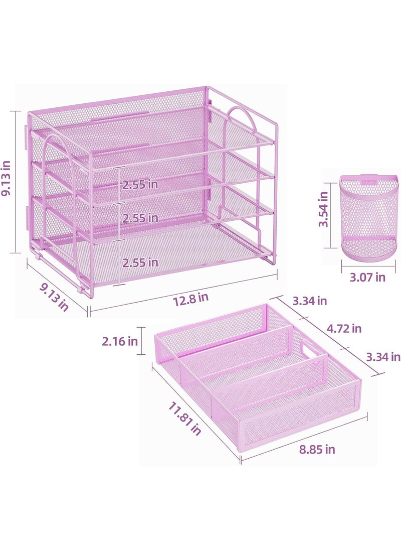 Marbrasse Marbrasse 4Trays Desk File Organizer with 2 Pen Holder Desktop Hanging File Holder with Drawer Paper Letter Tray Organizer Purple  - Image 4