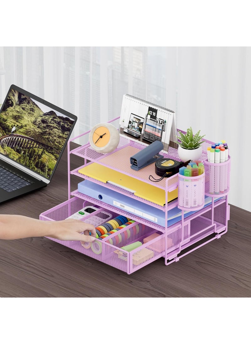 Marbrasse Marbrasse 4Trays Desk File Organizer with 2 Pen Holder Desktop Hanging File Holder with Drawer Paper Letter Tray Organizer Purple  - Image 3