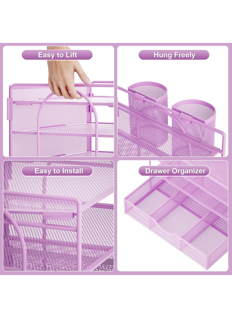 Marbrasse Marbrasse 4Trays Desk File Organizer with 2 Pen Holder Desktop Hanging File Holder with Drawer Paper Letter Tray Organizer Purple  - Image 5