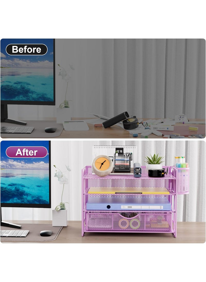 Marbrasse Marbrasse 4Trays Desk File Organizer with 2 Pen Holder Desktop Hanging File Holder with Drawer Paper Letter Tray Organizer Purple  - Image 2