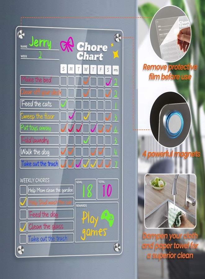 Easfreeat 2 pcs Acrylic Magnetic Chore Chart for Kids on Fridge, Chore Board, Dry Erase Chore Chart, 12"x8" Transparent Erasable Reward Chart for Teens and Adults Chore Checklist with 8 Markers and Towel - Image 2