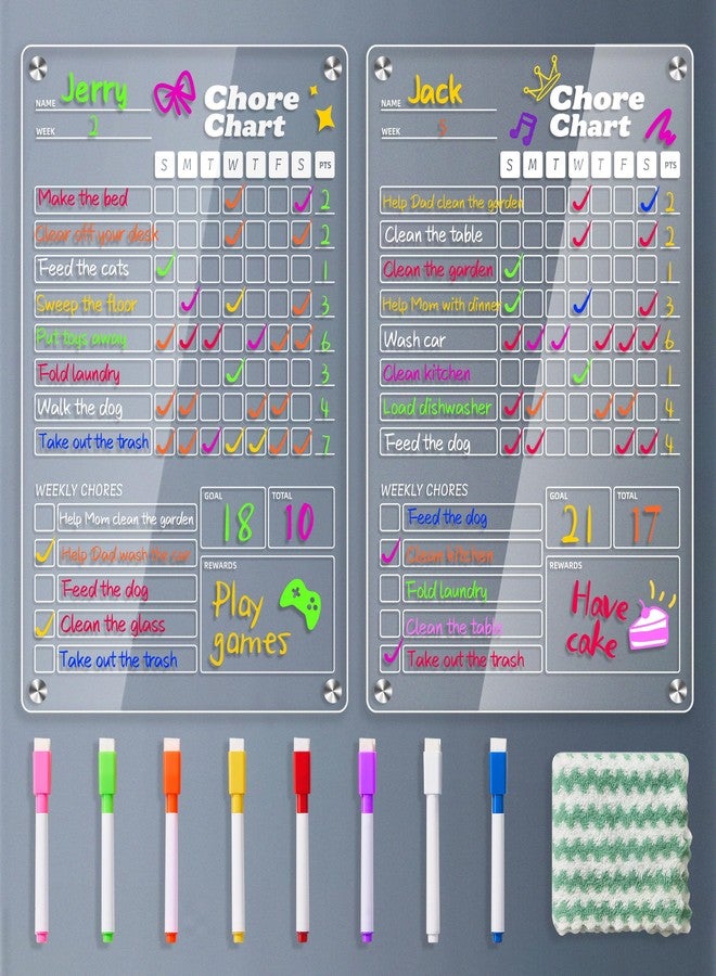 Easfreeat 2 pcs Acrylic Magnetic Chore Chart for Kids on Fridge, Chore Board, Dry Erase Chore Chart, 12"x8" Transparent Erasable Reward Chart for Teens and Adults Chore Checklist with 8 Markers and Towel - Image 1