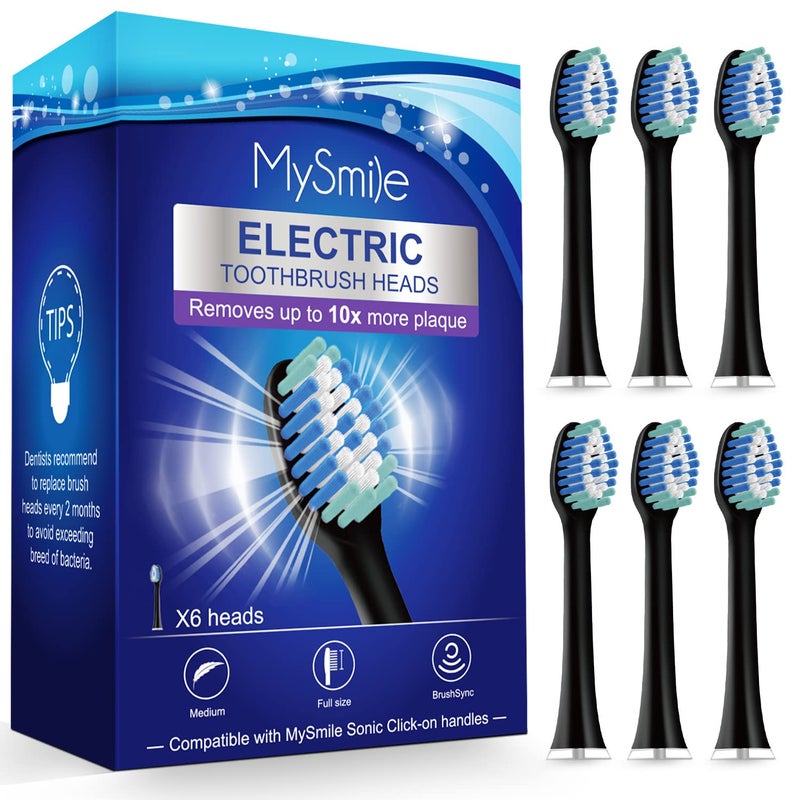 MySmile Electric Toothbrush Replacement Heads, 6 Packs (Black) - Image 1