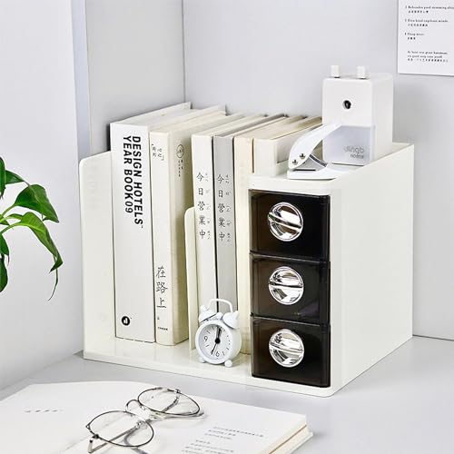 HOME CUBE Plastic Desk Organizer With 3 Drawer, Desktop Bookshelf, Magazine Cds Stand, Desk Organizer Storage Rack For Study Table Office Supplies File Stationery Pens Staplers Clips Sticky Notes - Image 1