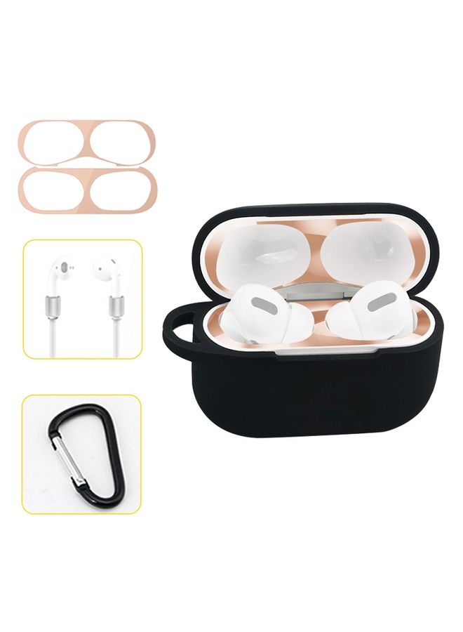 Case Cover For AirPods Pro Silicone Wireless Earphone Protective Case Storage Box with Hook & Anti-drop Rope Black+Blush Gold Inner Sticker