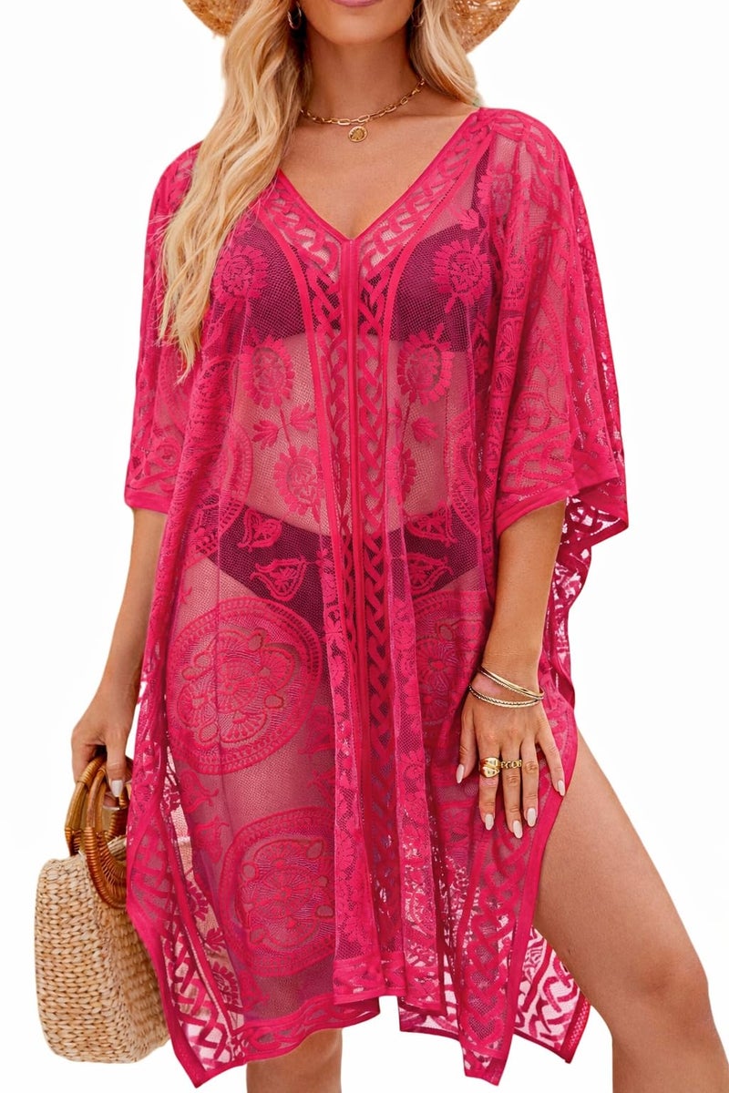 colornival Women's Swimwear Cover-Up for Beach and Pool, Lace V-Neck Swimsuit Dress, Bikini Cover-Up Watermelon Red - Image 1