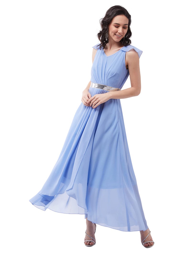 Miss Chase Women's Powder Blue V-Neck Ruffled Sleeve Solid Embellished Maxi Dress (MCAW21D06-17-167-04,Powder Blue,M) - Image 1