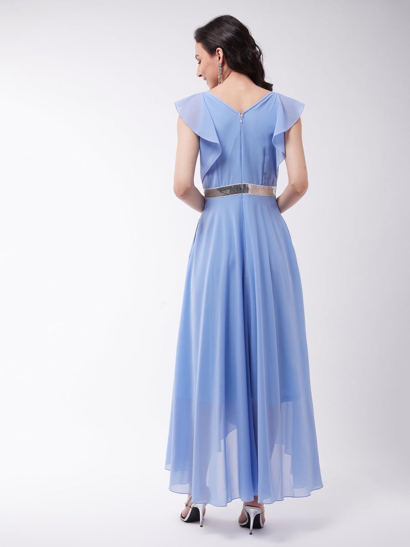 Miss Chase Women's Powder Blue V-Neck Ruffled Sleeve Solid Embellished Maxi Dress (MCAW21D06-17-167-04,Powder Blue,M) - Image 3