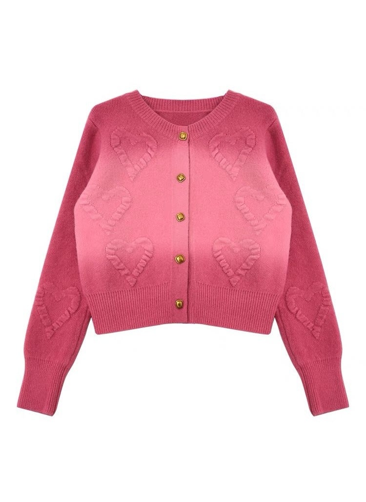 Generic - Korean-style Gradient Pink Stereo Love Sweater Womens Autumn and Winter New Style Chanel Style Elegant Slim-fit Knitted Cardigan for Women pink - Image 1