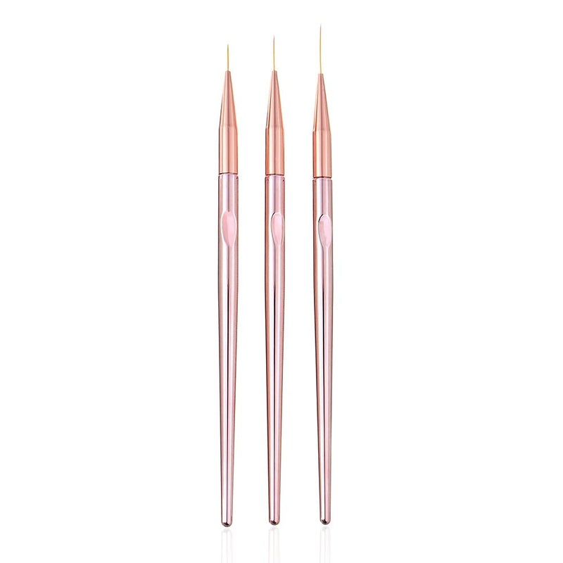 FULINJOY 3 Pcs Rose Gold Nail Art Liner Brushes Set UV Gel Acrylic Application Nail Pens Nail Art Designs Tools7mm9mm11mm