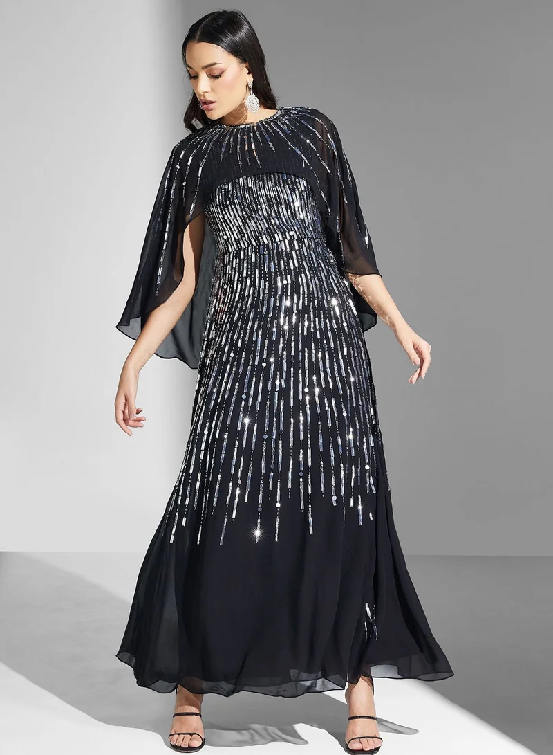 Amelia Rose Sequin Cape Maxi Dress