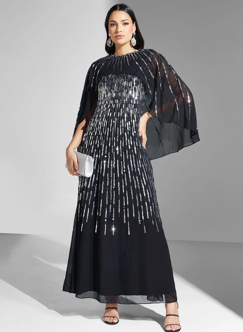 Amelia Rose Sequin Cape Maxi Dress