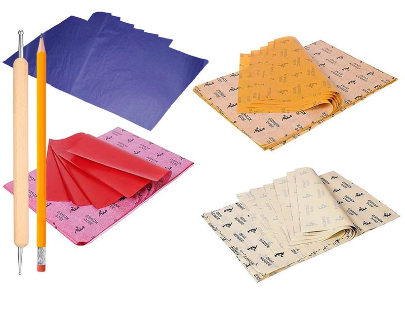 Makemore Creations Transfer Tracing and Pencil Carbon Copy Paper for Drawing 20 Sheets 21 x 33cm for Multiple Surfaces, Wood, MDF, Canvas, Paper, Fabric, Color - Red, Yellow, White, Blue - Image 1