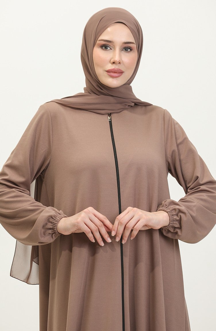 Sefa Merve Zippered Double Mevlana Abaya 2029-05 Mink  - Image 4