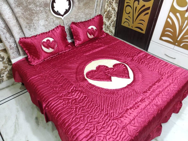 Laying Style™ Designer King Size Double Heart Satin Fabricated and Quilted Wedding Bedsheet with 2 Pillow Covers (Multicolor,Abstract) - Image 1