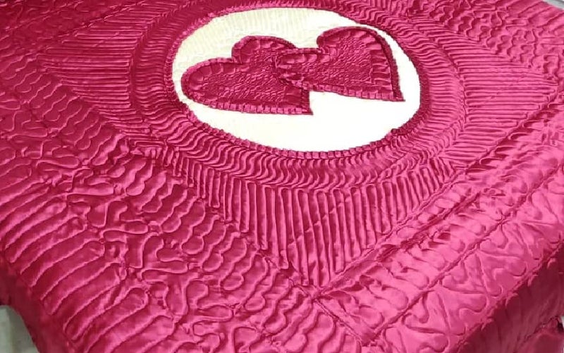 Laying Style™ Designer King Size Double Heart Satin Fabricated and Quilted Wedding Bedsheet with 2 Pillow Covers (Multicolor,Abstract) - Image 2