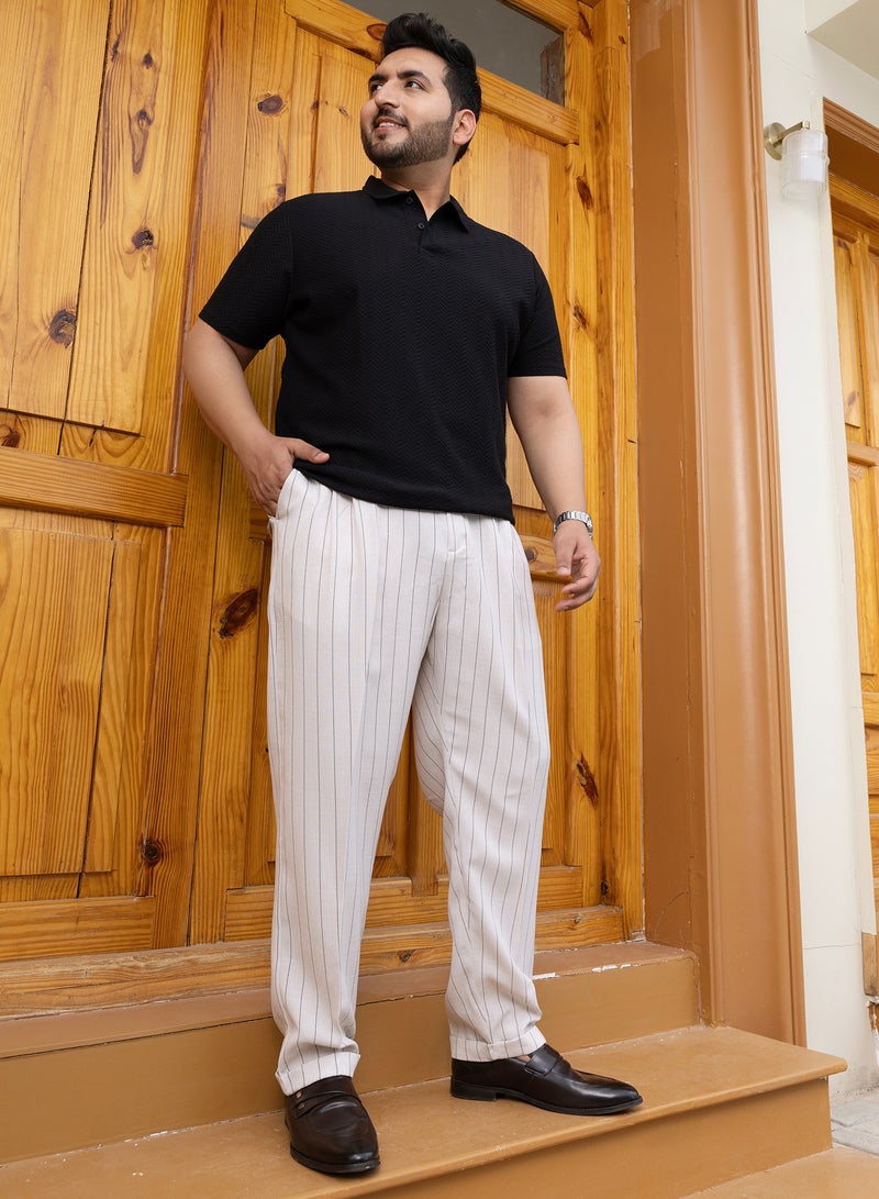 Instafab Plus Instafab Plus Men's Daisy White Pinstripe-Pleated Chino Trousers For Casual Wear | Mid-Rise | Regular Fit | Hook & Zip Closure | Plus Size Trousers Crafted With Comfort Fit For Everyday Wear  - Image 5