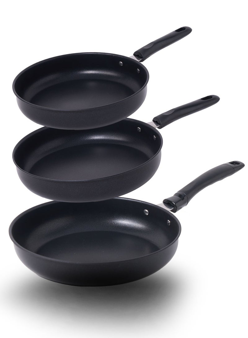 ZYNOXITY 3PCS Frying Pan Skillet Set Non-Stick with Nitrided Coating & Thickened Base - All Stovetop Compatible, Dishwasher Safe, Hangable Handle, 24/26/28cm - Image 1