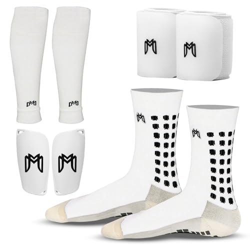 MediCaptain Soccer Grip Socks, Shin Guards, Pre-Cut Sock Sleeves, and Guard Straps Bundle Pack - Essential Equipment for Soccer Players - for Mens, Women, Youth, Size 7 to 12 US Men Shoe Size (White) - Image 1