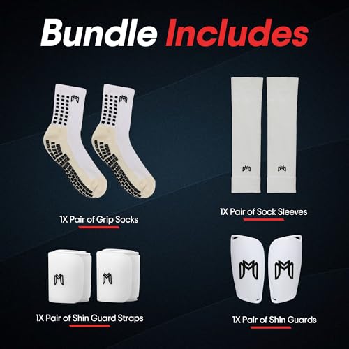 MediCaptain Soccer Grip Socks, Shin Guards, Pre-Cut Sock Sleeves, and Guard Straps Bundle Pack - Essential Equipment for Soccer Players - for Mens, Women, Youth, Size 7 to 12 US Men Shoe Size (White) - Image 2