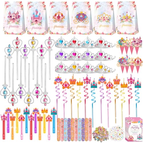 PLOUGVI 308PCS Princess Birthday Party Decorations Favors Including Goodie Bags Crown Magic Wand Straws Bubble Wands Stickers Cake Toppers Tattoo MorePerfect for Party Decorations Pinata Fillers - Image 1