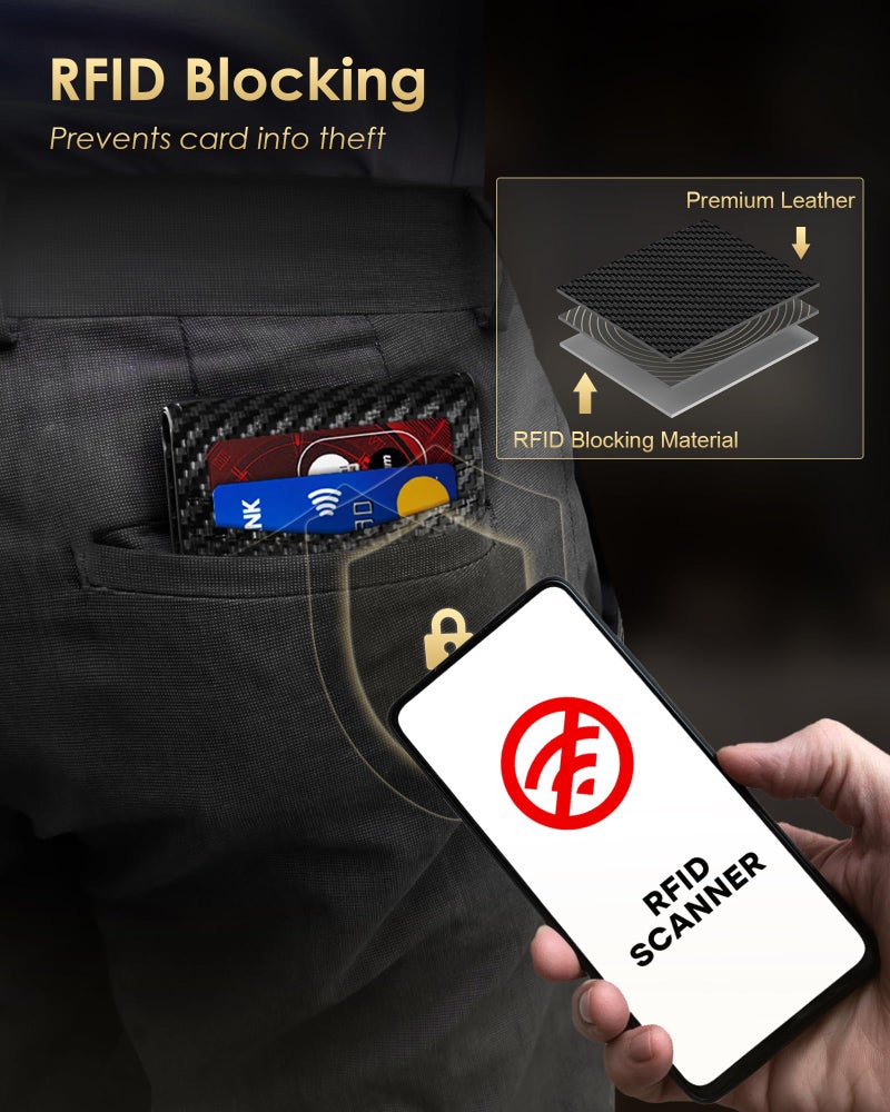 QLD 2025 Upgraded Minimalist Wallet for Men - RFID Blocking Credit Card Holder Case Leather Pop Up Aluminum Wallet with Cash Slot, Front Pocket ID Window Gift Boxed (Carbon Fiber - with Airtag Holder) - Image 2