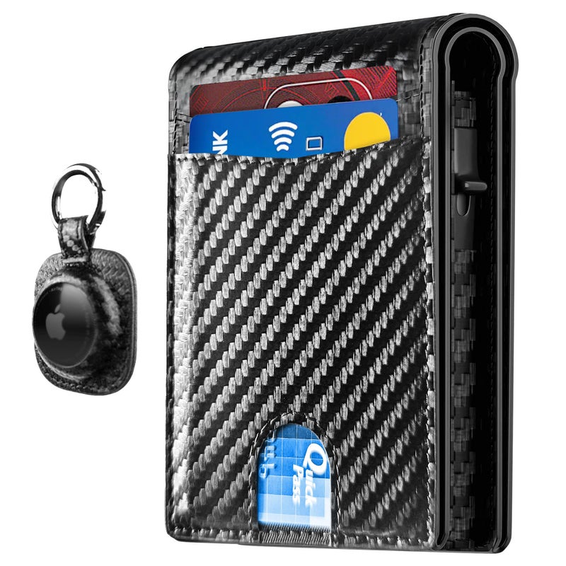 QLD 2025 Upgraded Minimalist Wallet for Men - RFID Blocking Credit Card Holder Case Leather Pop Up Aluminum Wallet with Cash Slot, Front Pocket ID Window Gift Boxed (Carbon Fiber - with Airtag Holder) - Image 1
