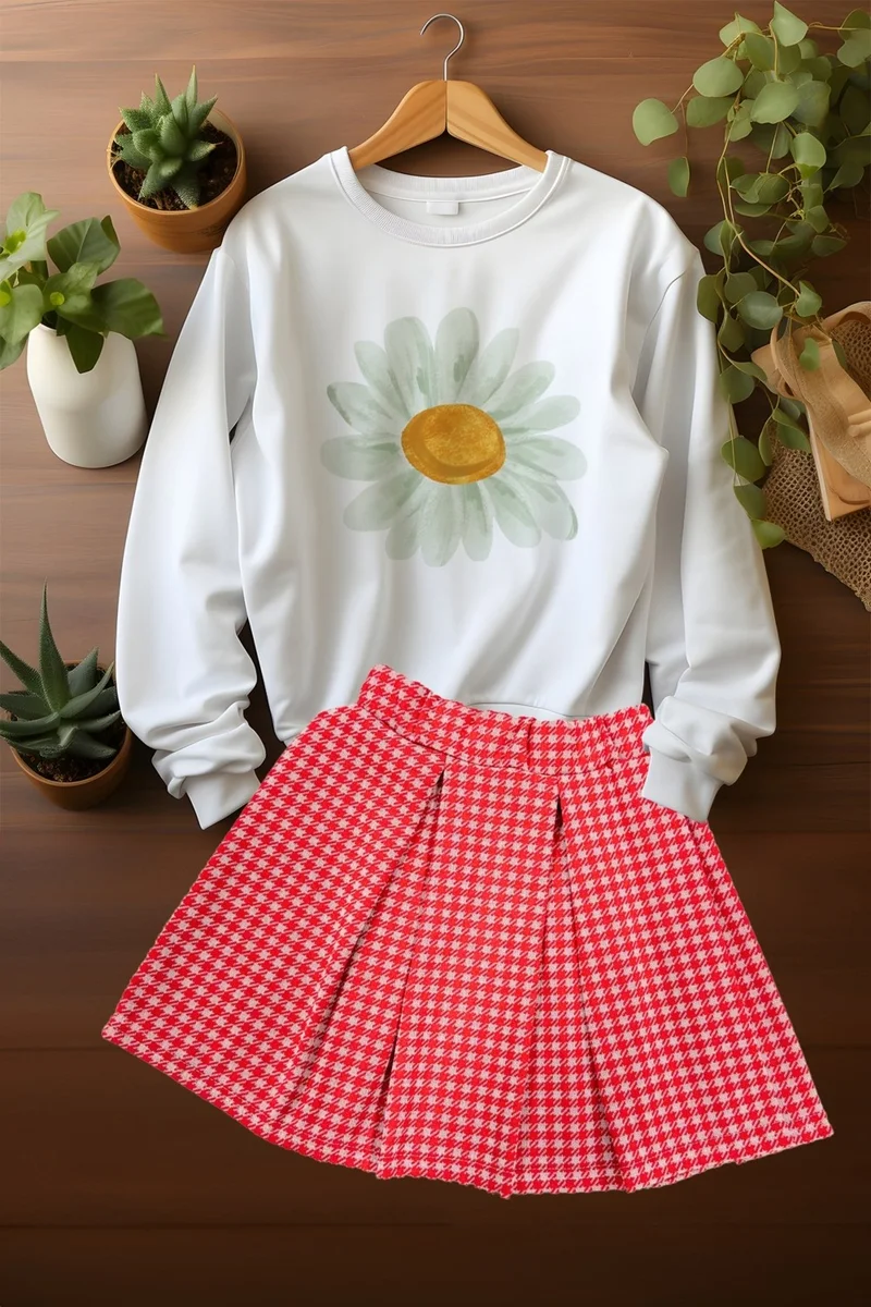 ادا بيبيك تشوكوك Ada Baby Kids Style Plaid Skirt Watercolor Daisy Patterned Sweat Skirt Set