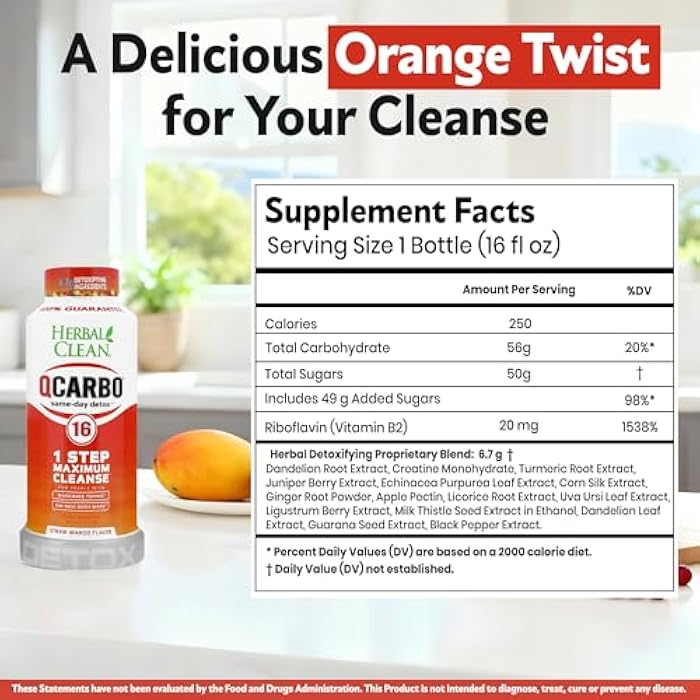 Herbal Clean Qcarbo16 Same-Day Detox Cleanse Drink (16 fl oz) - Strawberry Mango Flavor Full Body Cleanse* Detox Drink for Moderate Toxin Level*, Vitamin B2 and Vitamin B12 for Men & Women - Image 3