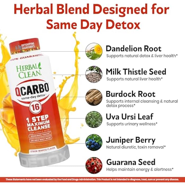 Herbal Clean Qcarbo16 Same-Day Detox Cleanse Drink (16 fl oz) - Strawberry Mango Flavor Full Body Cleanse* Detox Drink for Moderate Toxin Level*, Vitamin B2 and Vitamin B12 for Men & Women - Image 4