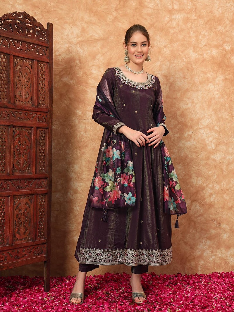 SHOPPING QUEEN Women's Silk Embroidered Kurta, Pyjama & Dupatta Set (A601_Eggplant Wine_L) - Image 3