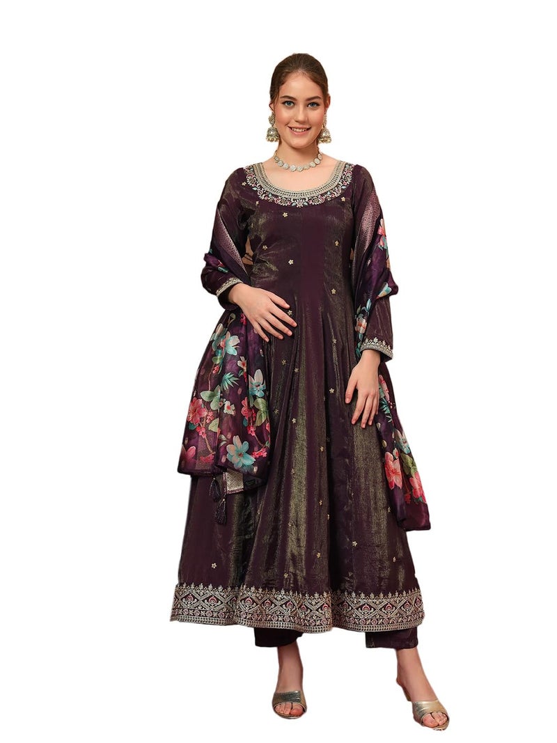SHOPPING QUEEN Women's Silk Embroidered Kurta, Pyjama & Dupatta Set (A601_Eggplant Wine_L) - Image 1